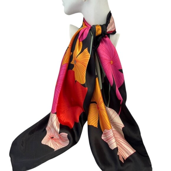 Botanical Silk-Feel Scarf Vibrant Floral 34” Square Elegant - Picture 2 of 11
